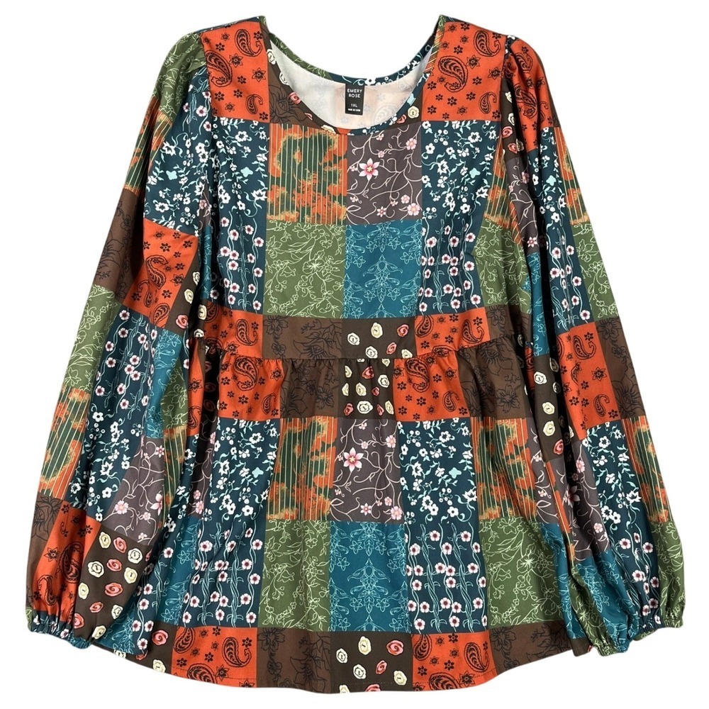 Emery Rose Patchwork Print Babydoll Blouse Size 1XL Cottagecore Country